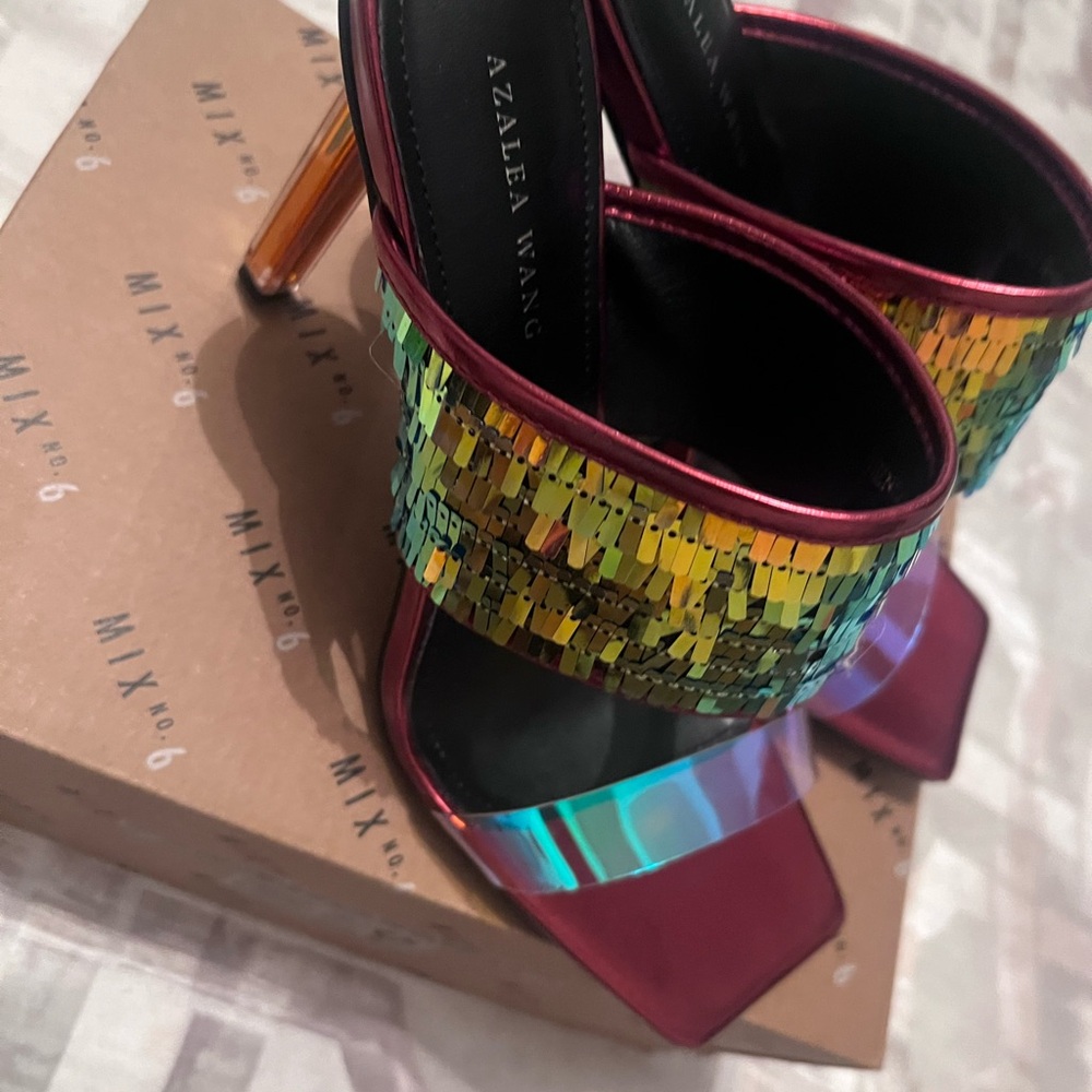 AKIRA Holographic and Burgundy Sequin Heels